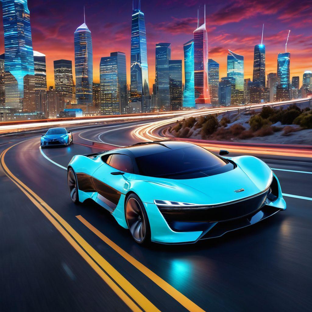 A sleek futuristic car speeding down a winding road surrounded by innovative automotive technology, including drones capturing real-time data and electric charging stations. The background features a bustling city skyline with digital displays showcasing trending automotive news. Bright color contrasts to emphasize excitement and advancement. super-realistic. vibrant colors. 3D.
