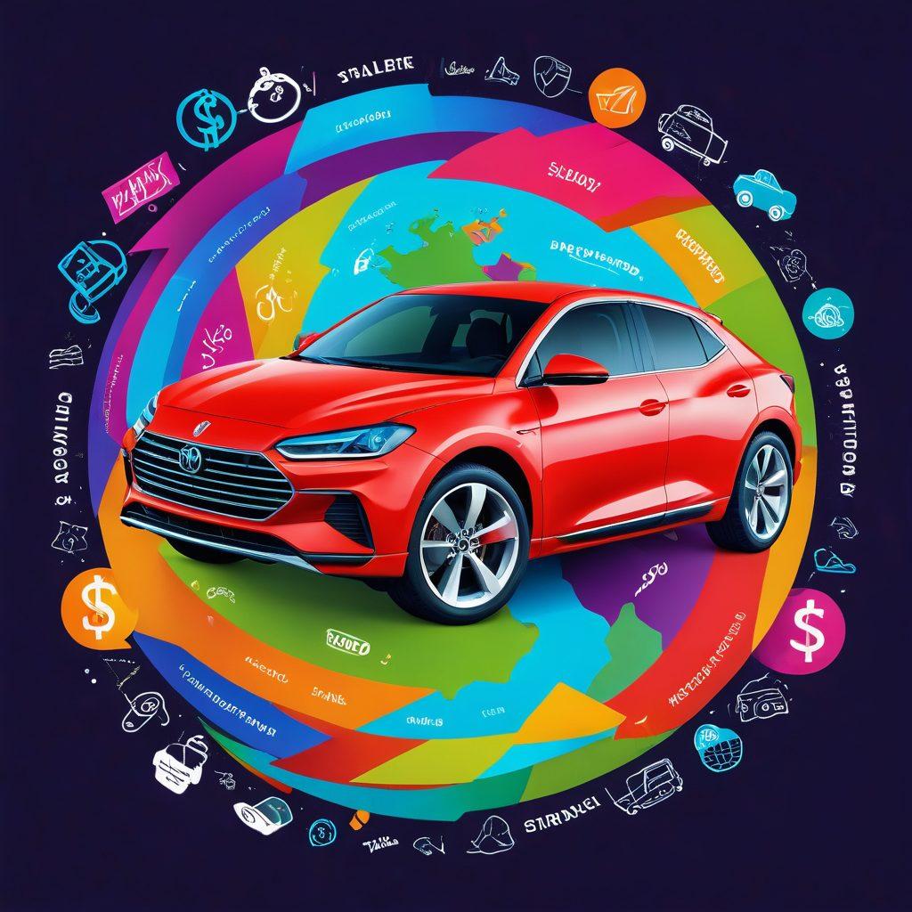 A dynamic, visually striking illustration of a sleek car rotating atop a colorful, annotated globe representing global car markets. Overlay text presenting key car features in a playful, eye-catching font. Surround the car with symbols of dollar signs and shopping bags, indicating savvy purchasing decisions. Use a modern color palette with vibrant colors to capture attention. super-realistic. vibrant colors. 3D.