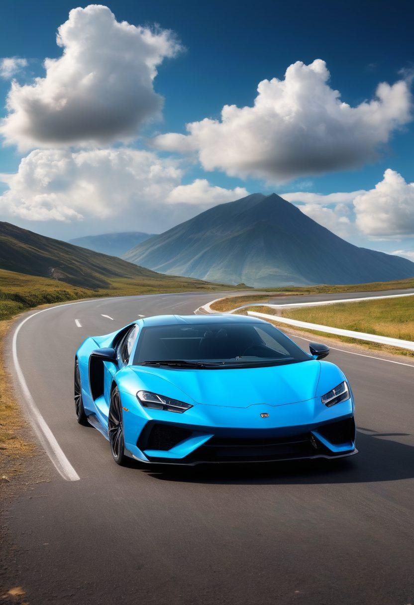 A sleek, modern car on a winding road, with vibrant automotive parts and tools scattered around, signifying car reviews and trends. Include graphics of speedometers and trend charts in the background, blending seamlessly with a blue sky peeking through the clouds. Showcase various car models around the main vehicle, emphasizing diverse styles and technologies. super-realistic. vibrant colors. dynamic composition.